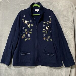 Breckenridge Women XL Navy Full Zip Sweatshirt Jacket Chickadee Pine Cottagecore